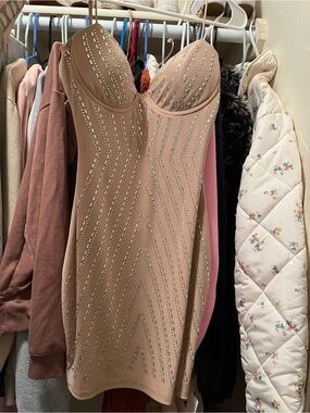 Embellished Nude Mini Dress with Corset Bodice